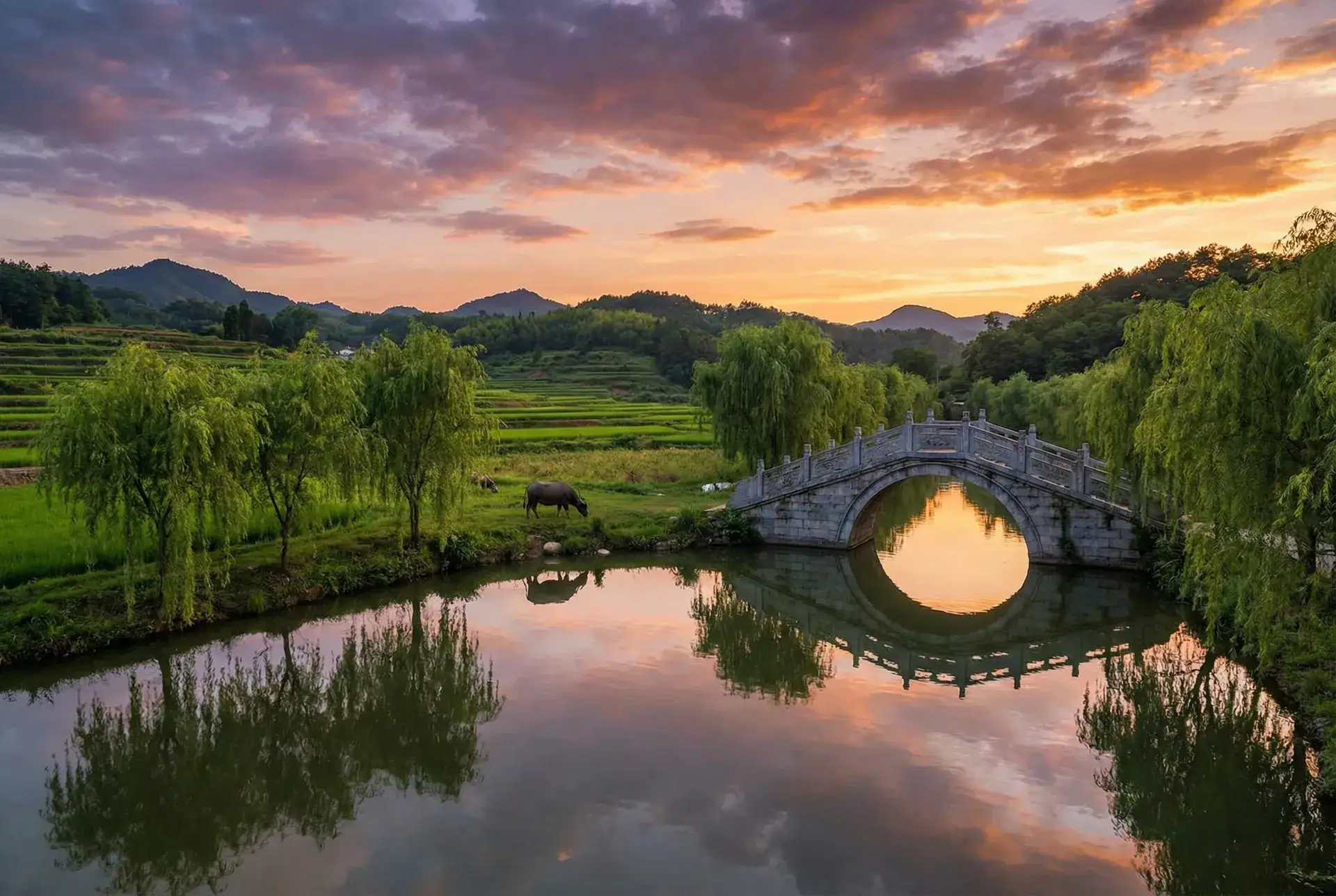 夕阳下的石拱桥与垂柳，水牛在河边吃草 - 荔枝汽水PO校园 乡村美景